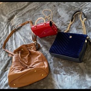 BROWN TOTE BAG, RED MINI PURSE, BLUE VELVET PURSE